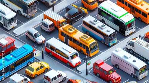 Transport poster with illustration of passenger and freight automobiles, minibuses, cargo vehicles, and forklifts in an isometric style. Modern horizontal banner. © Mark