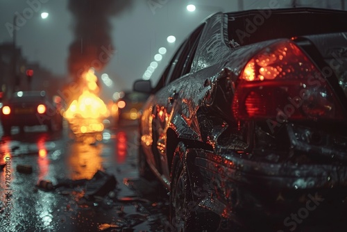 A somber scene of a wrecked car with shattered glass and dented body on a wet street, illuminated by city lights on a rainy night © Larisa AI
