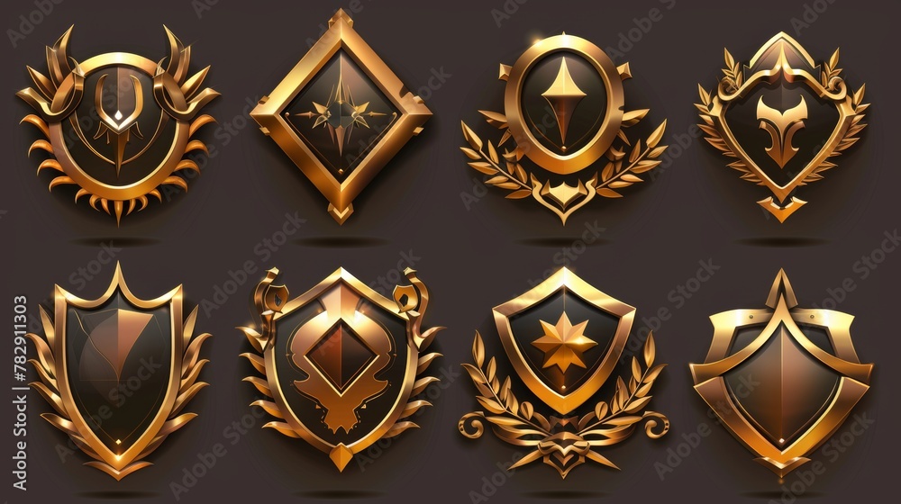 A set of empty achievement emblems with decorative golden borders on a background. Modern cartoon set with gold avatar frames and game winner awards. A set of empty achievement emblems with decorative golden borders on a background. Modern cartoon set with gold avatar frames and game winner awards.