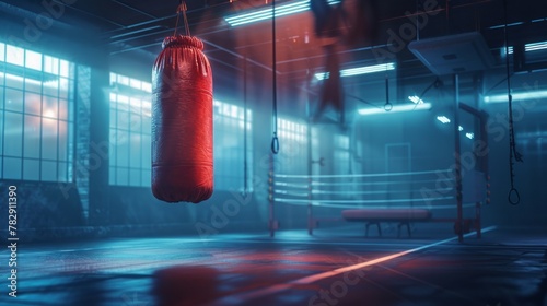 Red punching bag in a neon-lit boxing gym © muji