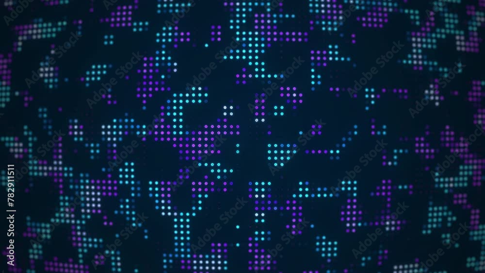 zoom out of Neon digital background with glowing blue and purple pixels on a black zoom out of Neon digital background with glowing blue and purple pixels on a black
