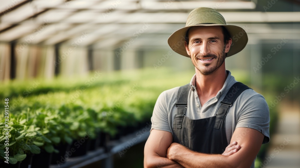 Portrait of confident male worker smiling happily at green house