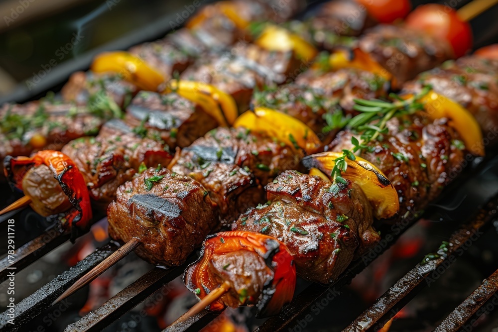 Close-up of delicious BBQ skewers with meat and vegetables, emphasizing succulence and grill marks