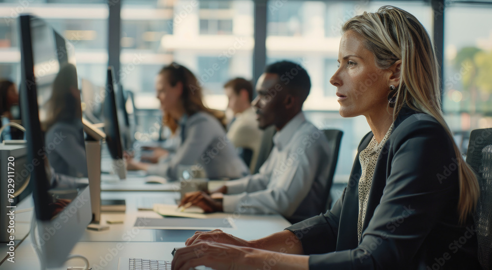 A group of diverse people worked together in an office, each focused on ...