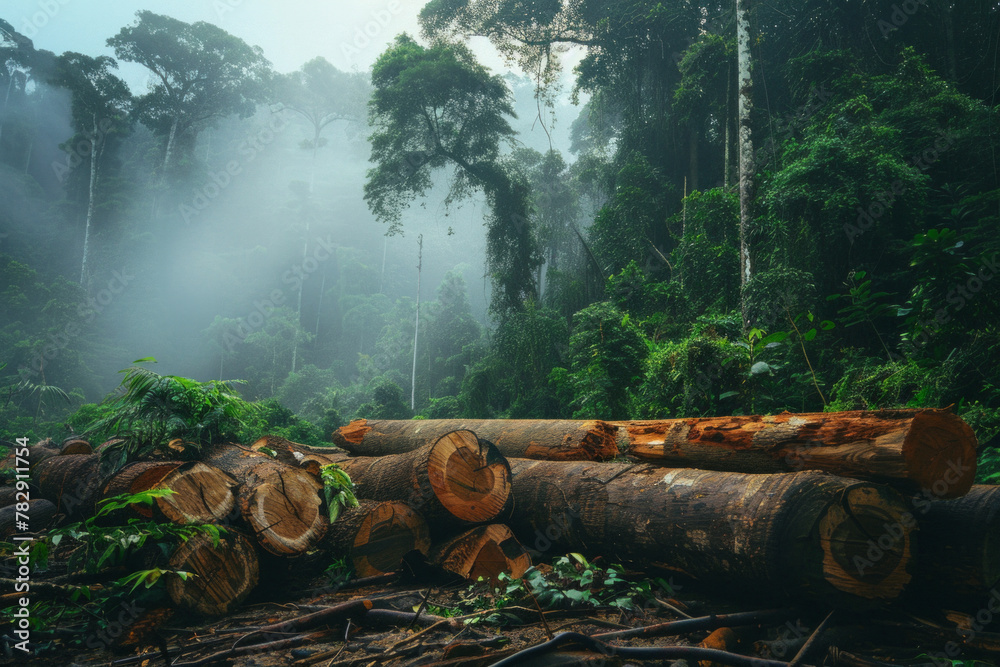 A forest with trees chopped down due to illegal logging activity A forest with trees chopped down due to illegal logging activity