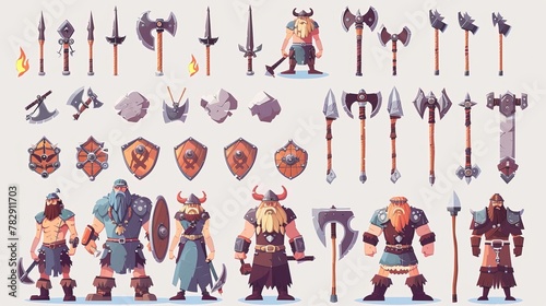 Modern illustration of a cartoon viking with different weapons. Axe  sword  hammer  bow with quiver  spear with torch  mace  and wooden shield. Character from a game or fairy tale.