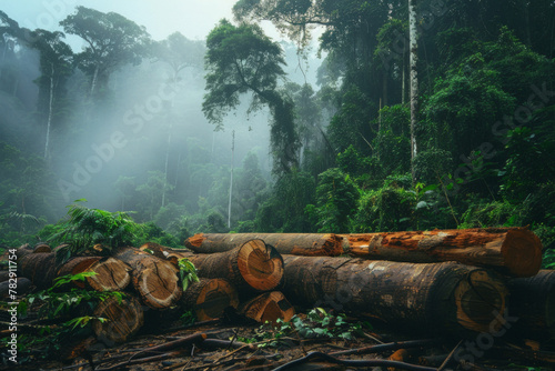 A forest with trees chopped down due to illegal logging activity photo