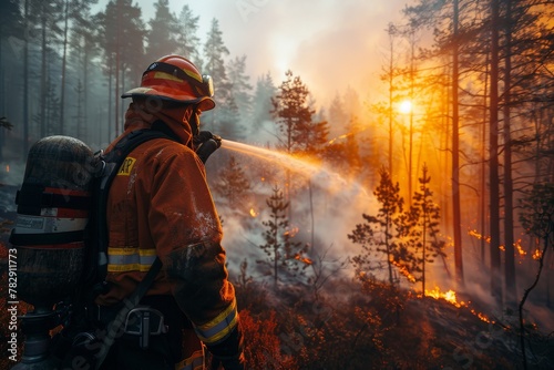 A heroic firefighter extinguishes a forest fire, with the sunset creating a dramatic backlight through smoke