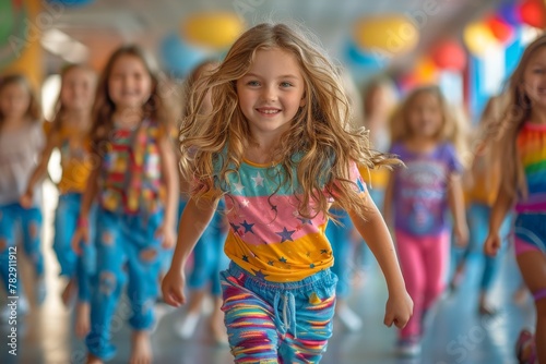 An excited young girl with curly blond hair runs toward the camera with her friends in the background at a colorful party