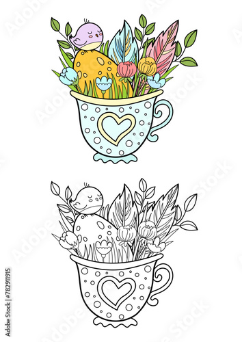 Coloring book for kids and adults.Spring flowers, cutie bird and feathers in the cup. Colored and colorless illustration