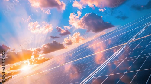 Solar panels against a bright animated cloud sky background.