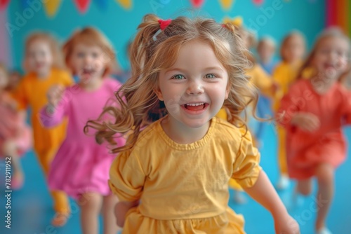 An adorable girl with blue eyes and blond hair is running joyfully in a yellow dress with her friends, who are in the background