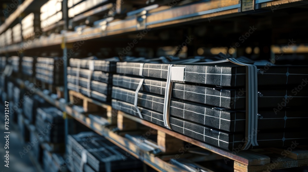 solar panels secured with straps on a warehouse 