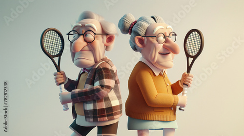 Funny, cartoonish, active 3D grandparents stand with their backs to each other and hold rackets in their hands. Light, pastel background. Older people in sports.