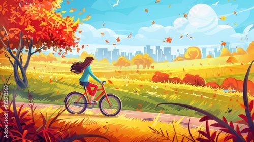 On the horizon, a young girl rides her bicycle on the road towards the city, in an autumn landscape with trees covered in orange leaves, fields, and a young girl riding her bicycle along the path.