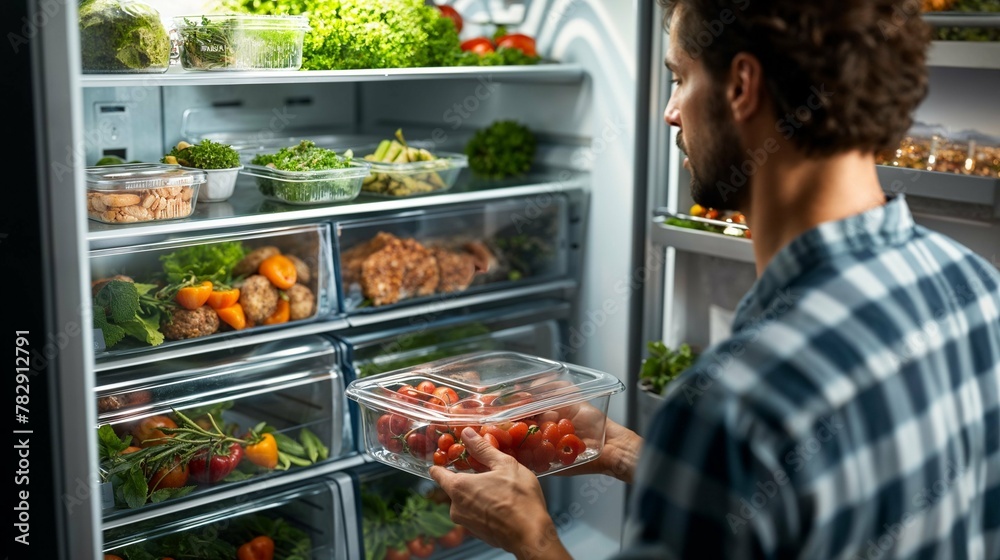 Man organizing meal prep containers in fridge