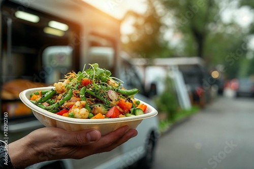 A hand presenting a vibrant street food noodle dish with fresh vegetables, ready to enjoy outdoors.