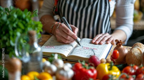 Close-up of hands writing a recipe in a notebook surrounded by fresh vegetables and kitchen utensils. photo