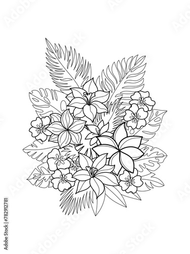 Tropical flowers and leaves. Seamless pattern. Page of coloring book for adults and children, art therapy. Outline drawing, doodles. Vector background.