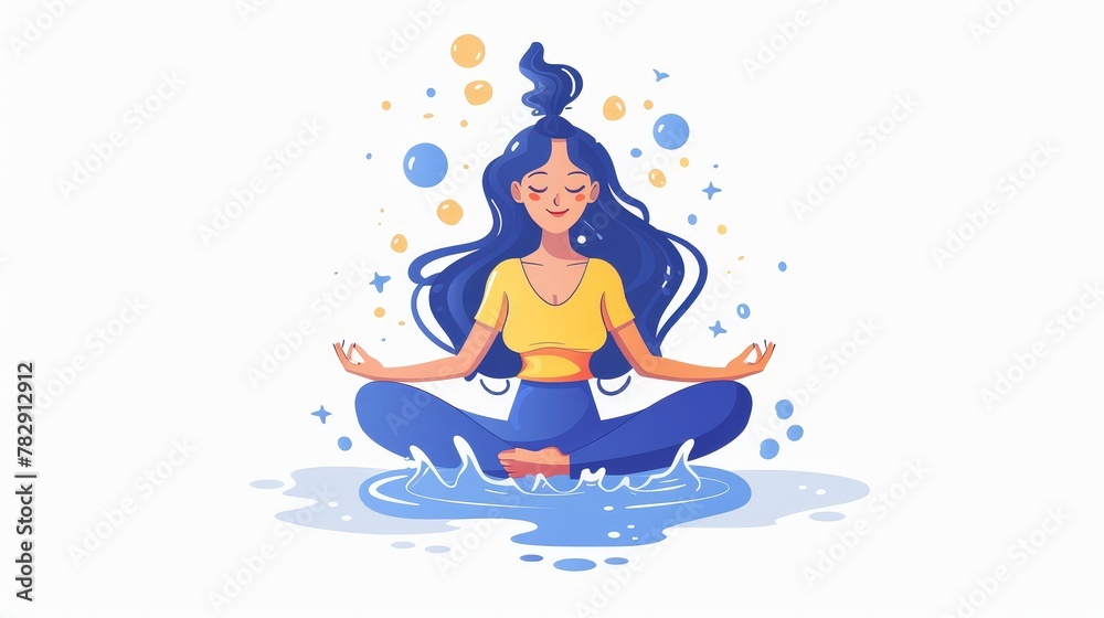 Conceptual illustration of emotional balance depicting a woman meditating floating in lotus posture. Contemporary female character controls emotions, well-being, good feelings, and good choices.