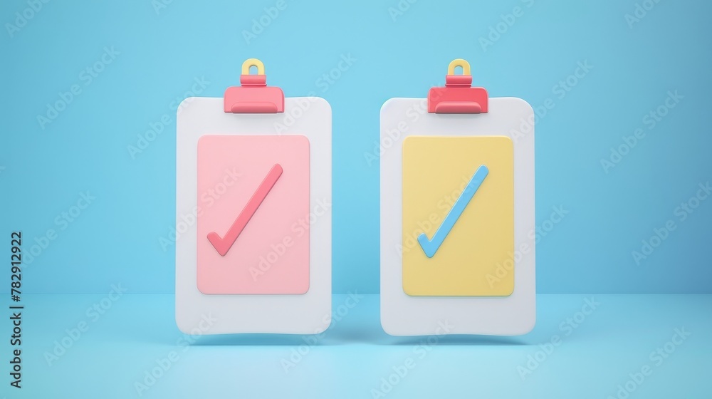 3D renders of accepted and denied documents on clipboards. White paper sheets on clipboards with tick and cross marks. Refuse work, project plan agreement and rejection, cartoon illustration 3D renders of accepted and denied documents on clipboards. White paper sheets on clipboards with tick and cross marks. Refuse work, project plan agreement and rejection, cartoon illustration