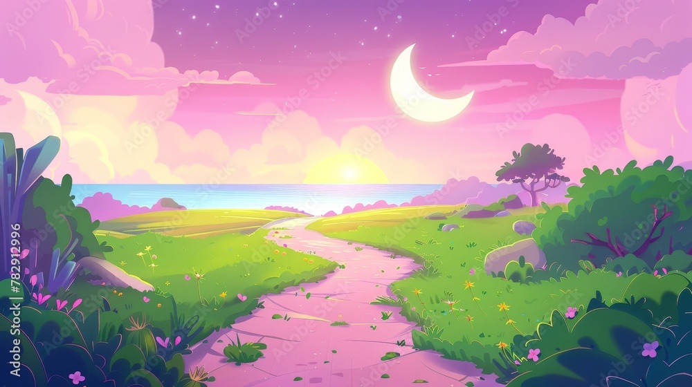 Early morning cartoon background with a road and a crescent under pink skies going along a green field to the lake or sea.