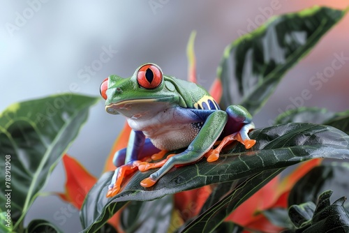 frog in a plant isolated on solid black - a red-eyed tree frog. Beautiful simple AI generated image in 4K, unique.