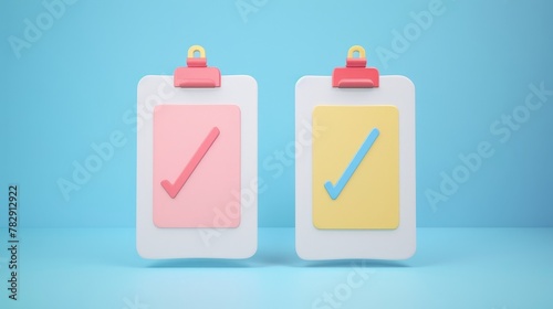 3D renders of accepted and denied documents on clipboards. White paper sheets on clipboards with tick and cross marks. Refuse work, project plan agreement and rejection, cartoon illustration