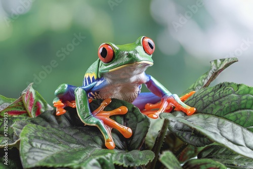 Red eyed tree frog sitting on wet leaf in tropical rainforest generated by AI. Beautiful simple AI generated image in 4K, unique.