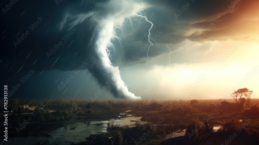 Obraz premium Tornado Amid Thunder, Lightning, Storm, Heavy Rain Storm