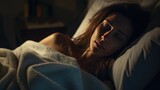 woman suffering heat stroke fanning in the night in the bed 