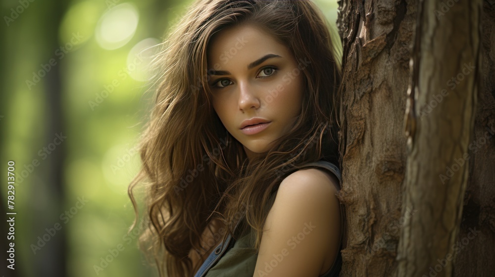 Naklejka premium Young woman leaning against tree in forest 