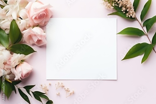 Blank white card surrounded by pink and white flowers and green leaves  ready for a message. White Blank Card with Floral Decoration