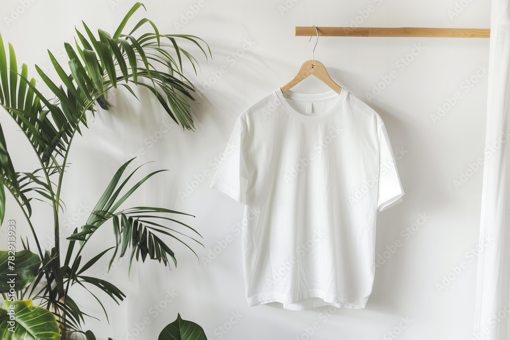 A white tshirt hanging on a wooden hanger over a white wall background with a plant, a mockup template for design presentation  in a minimalist style.
