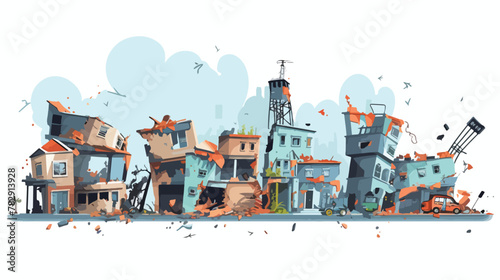 Destroyed city buildings cartoon illustration set.