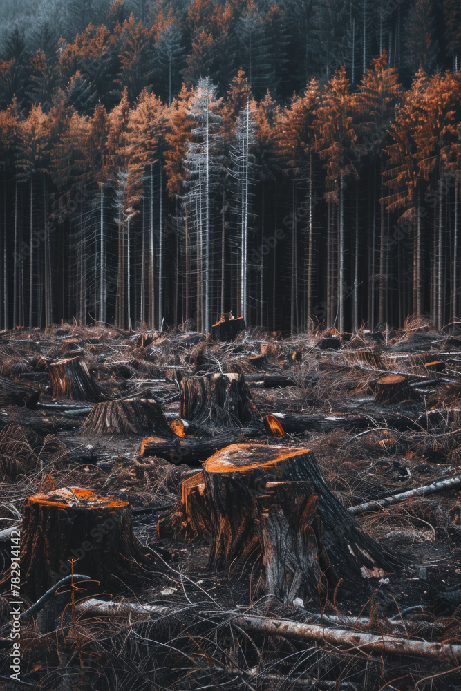 A forest with trees chopped down due to illegal logging activity A forest with trees chopped down due to illegal logging activity