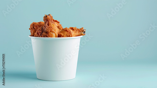 White bucket of broasted chicken . Isolated on pastel blue background photo