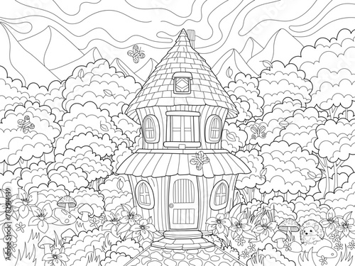Forest house.Scenery.Coloring book antistress for children and adults. Illustration isolated on white background.Zen-tangle style. Hand draw