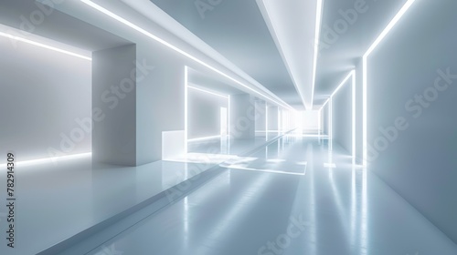 3D rendering architecture design of an abstract room with white corridor space in a trapezoidal shape. A realistic wide-light gallery hall interior with a tunnel with exit. A futuristic background.
