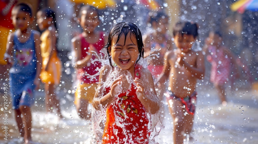 Obraz premium Joyful children playing in water, with splashes surrounding them