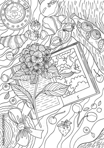 Coloring book for adults. Outdoor picnic, croissants, lemonade, strawberries and blueberries. Summer coloring page with fantasy book, hortensia, lemons, cup of coffee