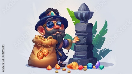 The stupid tomb robber in black, trapped with an antique treasure sack, bumps his head against a stone column, squatting on the earth with the gold and gemstones. Modern illustration of a criminal