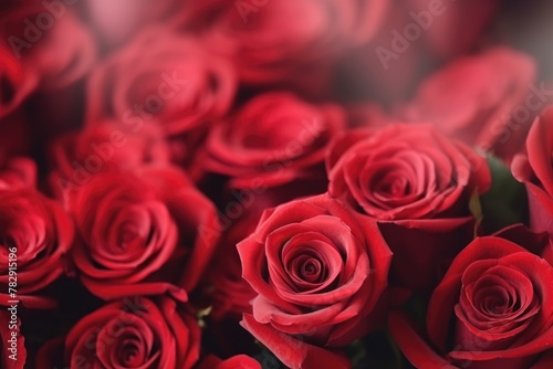 A close-up stock image capturing the stunning and detailed beauty of vibrant red roses in full bloom. Close-Up of Vibrant Red Roses