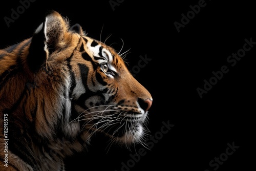 Closeup of tiger on dark background.
