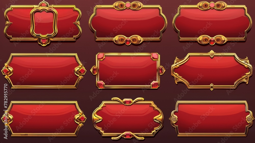 Game menus in medieval style, with red oblong banners and gold ornate rims. Empty rpg gui bars, golden borders, and web design interfaces. Cartoon 3D modern illustration. Set of two. Game menus in medieval style, with red oblong banners and gold ornate rims. Empty rpg gui bars, golden borders, and web design interfaces. Cartoon 3D modern illustration. Set of two.