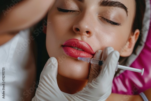 Beautiful woman with closed eyes getting botox and face treatment in a beauty salon.