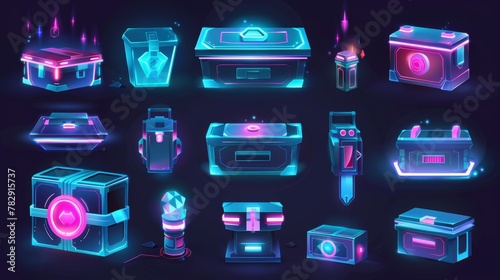 Future technology boxes for games. Sci-fi equipment icons, loot boxes with electronic locks, neon lights, modern illustration isolated on white background photo