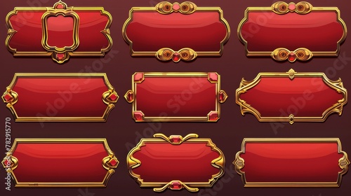 Game menus in medieval style, with red oblong banners and gold ornate rims. Empty rpg gui bars, golden borders, and web design interfaces. Cartoon 3D modern illustration. Set of two.