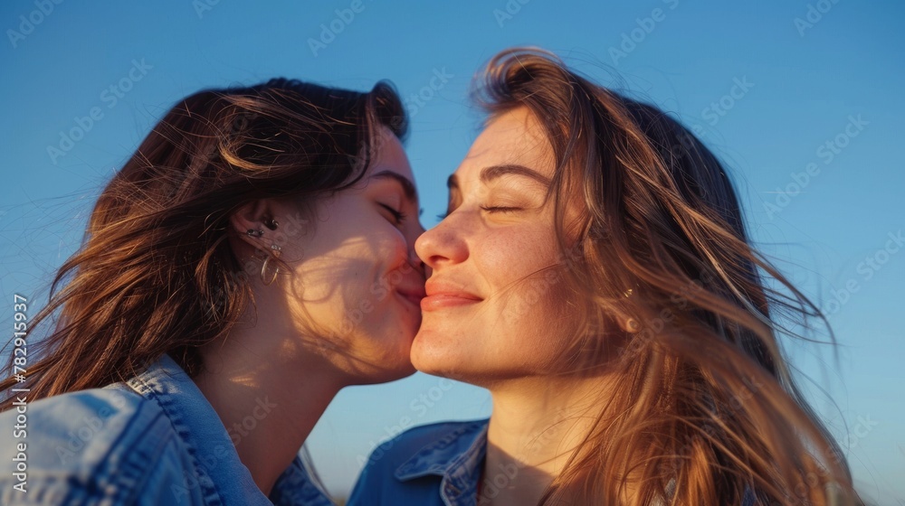 Smiling tender and cute lesbians are going to kiss against the sky. copy space. funny joyful girls hugging, female friendship Smiling tender and cute lesbians are going to kiss against the sky. copy space. funny joyful girls hugging, female friendship