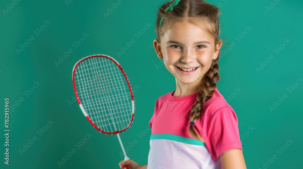 young blonde girl player holding badminton racket on green background, smiling and ready to play game. Fictional Character Created by Generative AI.
